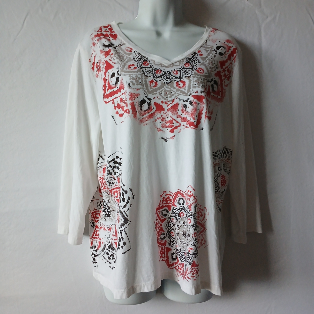 Chico's White Red and Black  Patterned Top Sz 18 Retro‎ Lounge Casual Vacation